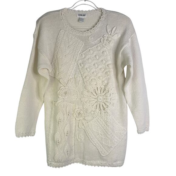 Vintage Victoria Jones Grandmacore Boho Knit Sweater Embroidered Crochet Med M - Picture 1 of 13